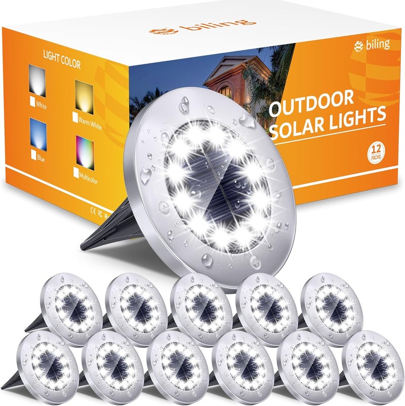 Biling Solar Outdoor Lights 12 Pack, Bright 12 LEDs Solar Ground Lights Waterproof, Flat Landscape Lighting Solar Powered for Yard Walkway Pathway Garden Driveway (White) - Image 1